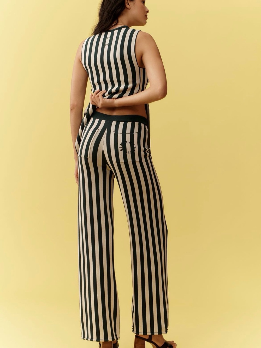 Simon Miller Green & Ivory Vertical Stripe Wide-Leg Jabber Pants - Picture 3 of 10